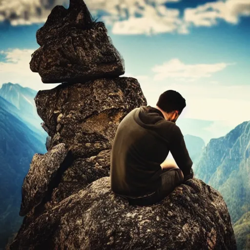 Image similar to a man sitting on top of a beautiful mountain, fantasy landscape, stunning detail, ominous energy in front of him, back shot angle