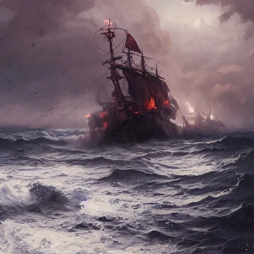 Prompt: An ancient burning ship on a stormy sea, art by greg rutkowski, highly detailed