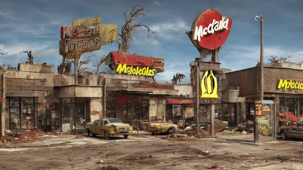 Image similar to post apocalyptic McDonalds::100, fallout, wasteland, octane render, 8k