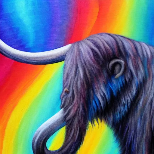 Prompt: wooly mammoth with long fluffy rainbow colored fur detailed oil painting 4k