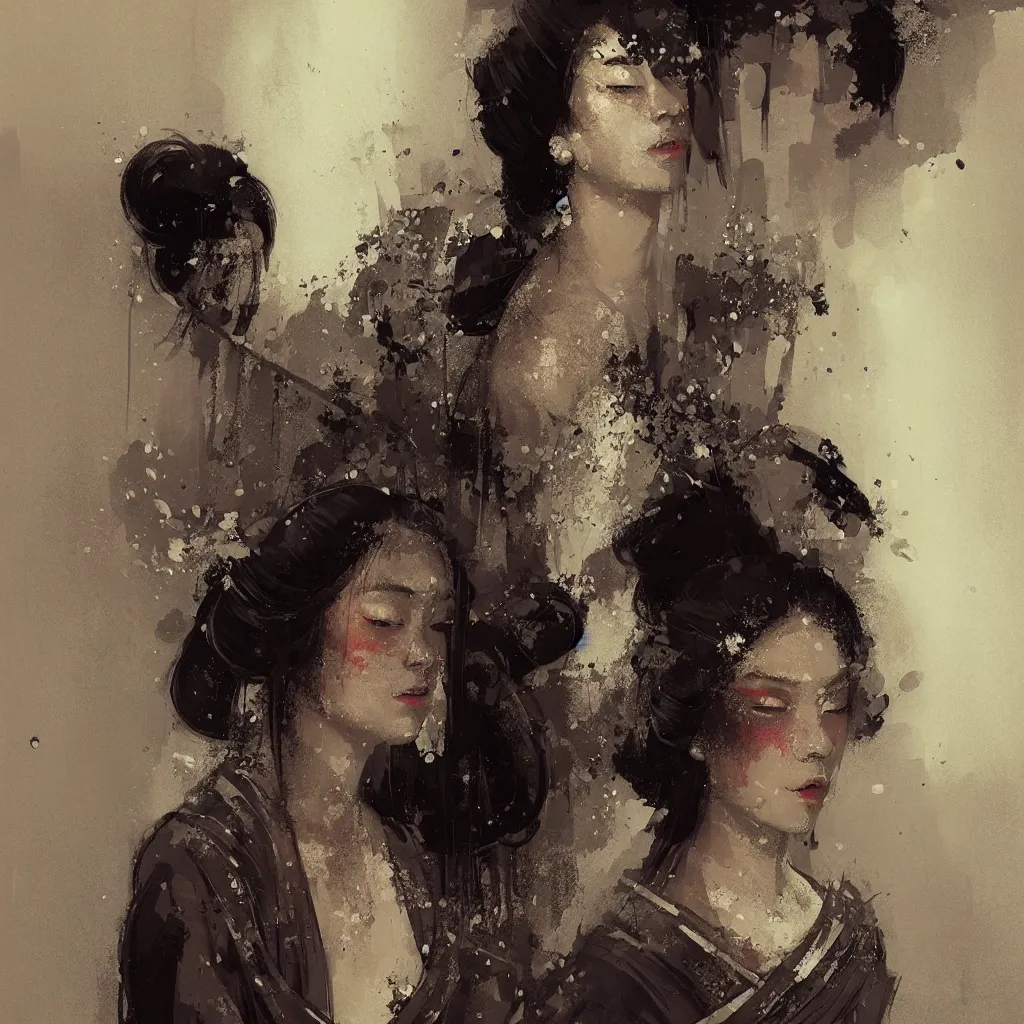 Image similar to female geisha girl, beautiful face, rule of thirds, intricate outfit, spotlight, by greg rutkowski, by jeremy mann