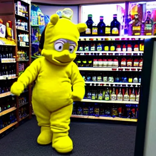 Prompt: teletubby robbing a liquor store. security footrage.