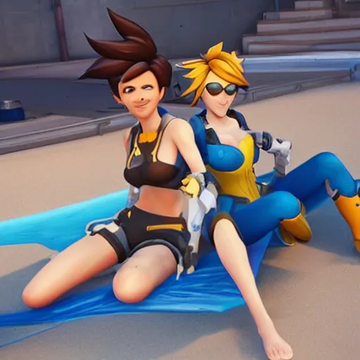 Image similar to tracer and mercy from overwatch relaxing at the beach getting a sun tan, unreal engine 5 4 k