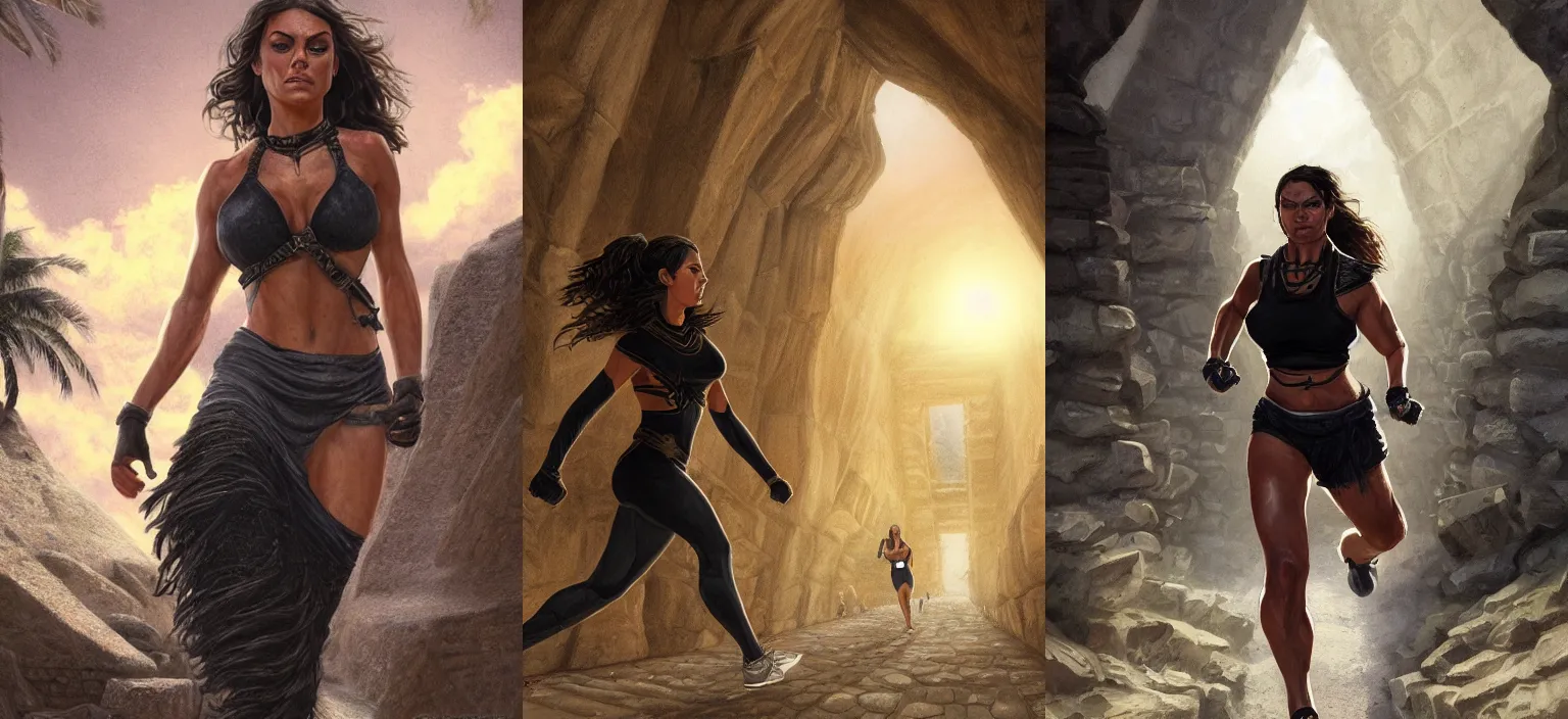 Prompt: portrait of muscled Mila Kunis running through pyramid ruins, wearing intricate black choker, sun beams, elegant, highly detailed, centered, sharp digital painting, Artstation, concept art, smooth, sharp focus, illustration, Allan Lee, John Howe