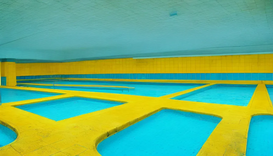 Prompt: 1 9 6 0 s movie still of an empty municipal swimmingpool with yellow tiles with light blue tiles, high quality, high detail, liminal space style