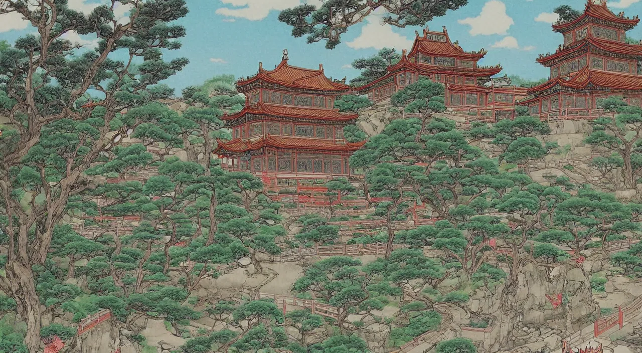 Prompt: a beautiful painting of a singular ancient Chinese palace, with a garden, in the style of anime, by Studio Ghibli