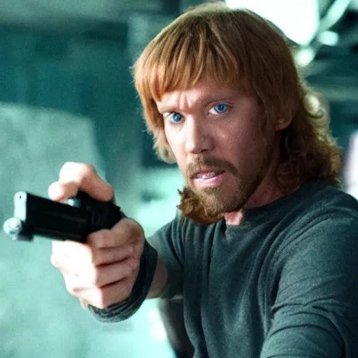 Prompt: shaggy from scooby doo holding a gun, film still from the movie directed by denis villeneuve with art direction by bill ward, wide lens