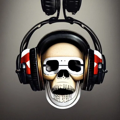 Image similar to a portrait of an anthropomorphic vintage skull in a racing helmet by sandra chevrier, detailed render, tape deck, boombox, headphones, epic composition, cybernetics, 4 k realistic, cryengine, realistic shaded lighting, sharp focus, masterpiece, by matteo scalera, gary montalbano, peter elson in the style of the tokyo ghost comic