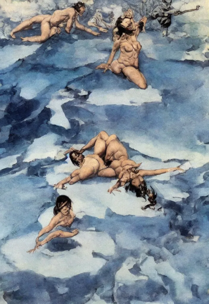 Prompt: cool plains dream ice frozen lake in the style of Frank Frazetta