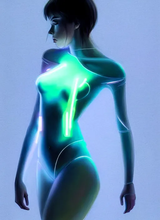 Prompt: portrait of modern female humanoid, transparent body hugging clothes, very futuristic, elegant, cyber neon lights, highly detailed, digital photography, trending in artstation, trending in pinterest, glamor pose, concept art, smooth, sharp focus, art by artgerm and greg rutkowski