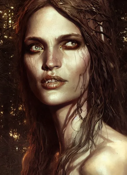 Prompt: close - up face portrait of a beautiful skinny woman as witch in front of the full big moon in a fantasy forest, by james gurney, greg rutkowski, highly detailed digital art, artstation