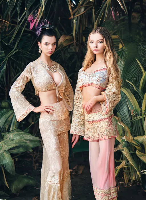 Image similar to portrait of lindsey pelas and anya taylor jou wearing kebaya in bali temple, by charlotte grimm, natural light, detailed face, beautiful features, symmetrical, canon eos c 3 0 0, ƒ 1. 8, 3 5 mm, 8 k, medium - format print, half body shot