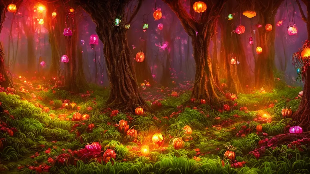 Prompt: forest made out of candy!!!!!!, cinematic scene, studio lighting, colorful, fantasy, intricate, fireflies, flowers, halloween, fairytale, ( visually stunning, matte painting, concept art, medium shot, trending on artstation )