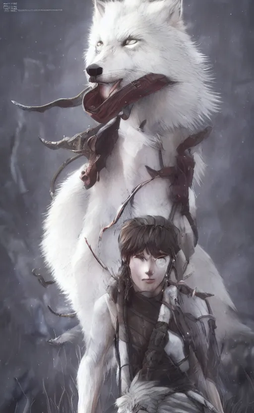 Prompt: Princess Mononoke, standing next to Moro the white wolf, close up portrait by loish and WLOP, octane render, dynamic lighting, highly detailed, sharp focus, asymmetrical portrait, dark fantasy, trending on ArtStation