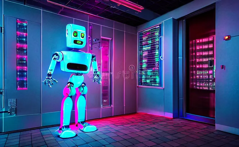 Prompt: high detailed robot, staying in front of data center room, 1 6 mm, high detail, cold neon light, cinematic colors, sharp