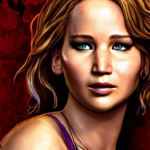 Image similar to jennifer lawrence portrait, borderlands, tales from the borderlands, the wolf among us, comic, cinematic lighting, studio quality, 8 k