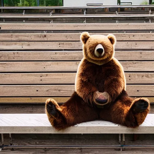 Image similar to photograph of a sad bear mascot sitting on wood bleachers