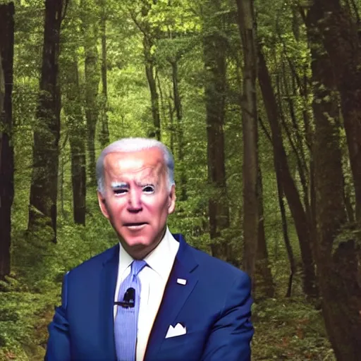 Prompt: trail camera footage of joe biden in the forest