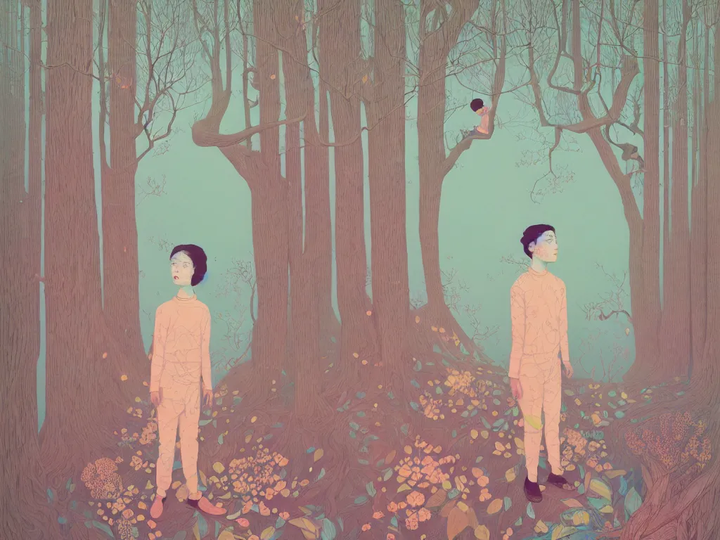 Image similar to portrait painting of a person in the woods, surrealism, children's illustration, aesthetically pleasing natural and pastel colors, art by victo ngai, portrait