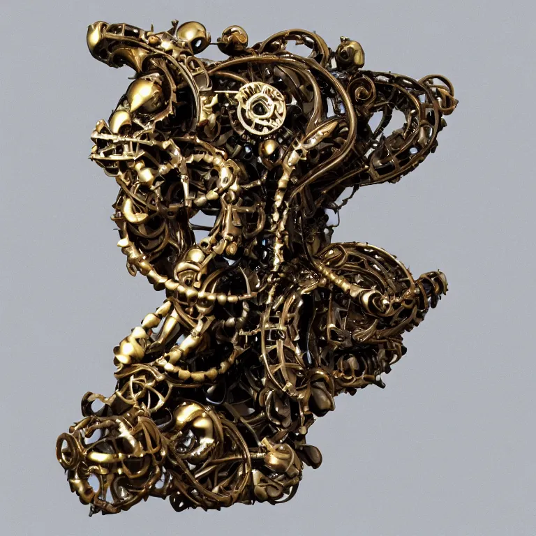 Prompt: studio photograph of biomechanical sculpture of the letter ( b )!!! made out of polished bronze and jewels, beautiful trending on artstation 8 k