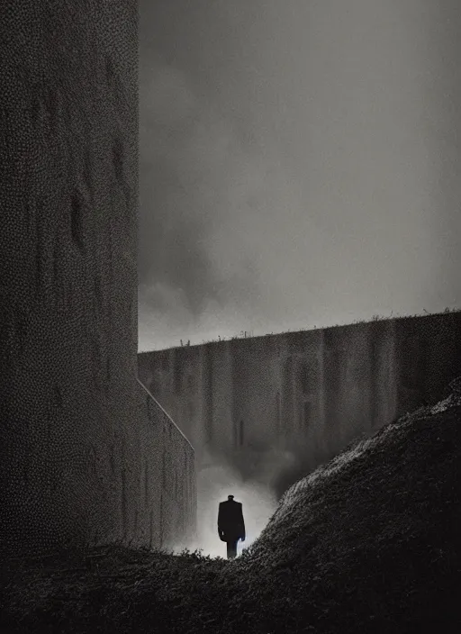 Image similar to burning overgrowth, a lone man, habitat 67, Mads Berg, Karolis Strautniekas, film noir, stippled light, dramatic lighting,editorial illustration, detailed,fine texture, matte print