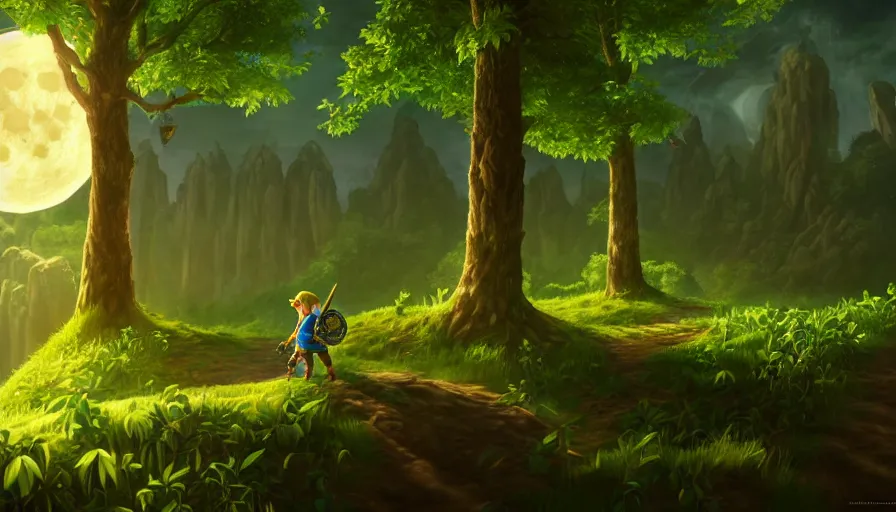 Prompt: the legend of zelda, vines, forest, hyperrealistic, highly detailed, cinematic, single ray of moon, beautiful, cgssociety, artstation, 8 k, oil painting