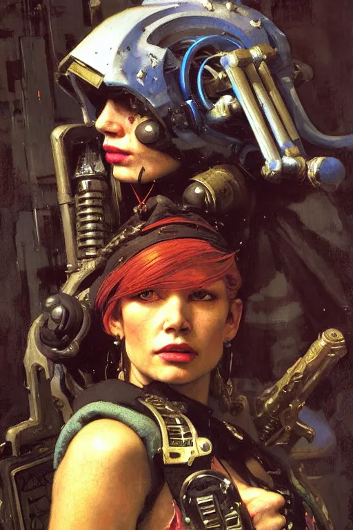 Image similar to full character portrait max mad cyberpunk warhammer 4 0 k, medic sapper not the girl with the pearl earring character design, painting by gaston bussiere, katsuya terada, nc wyeth, greg rutkowski, craig mullins, vermeer, frank frazetta, mucha, tom of finland, trending on artstation, jeffery catherine jones, by norman rockwell