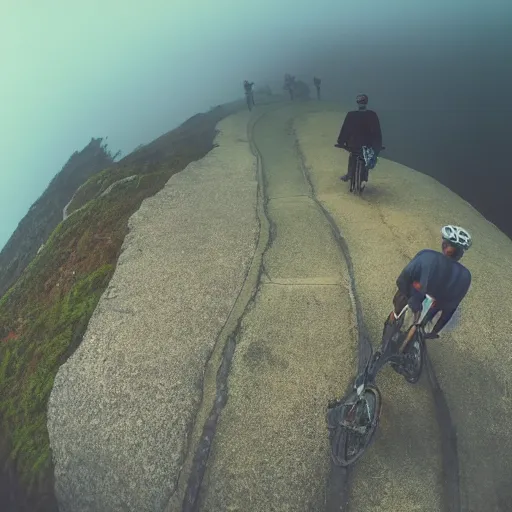 Image similar to POV bicycle: on a rocky path, Rider's first person holding the handlbars, point of view, GoPro, high 8k quality! entering the scary murky ocean, Fog. Ultrarealistic