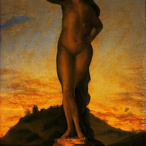 Image similar to 1 8 th painting of a giovanna d'arco burned at the stake, with a suffering face, medium shot, sunsest golden hour