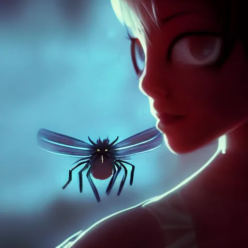 Image similar to cinematic headshot portrait of a anime spider flies in the space, movie still, more details, dramatic lighting