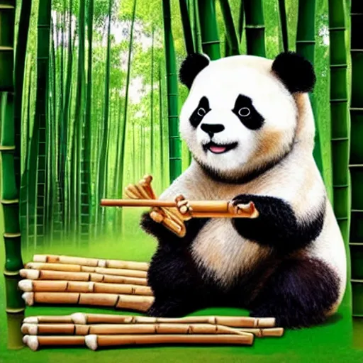 Image similar to a cute panda playing wooden flute in a bamboo forest