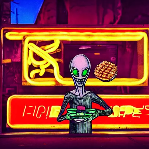 Prompt: hr giger style alien eating a hamburger and fries inside a space station with a neon shop sign in the background, photography