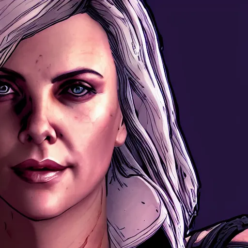 Image similar to charlize theron portrait, borderlands, tales from the borderlands, the wolf among us, comic, cinematic lighting, studio quality, 8 k