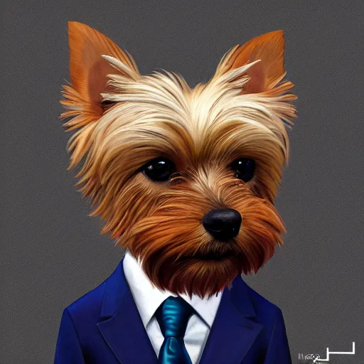 Prompt: A cute yorkshire terrier wearing a suit, 30mm, by Noah Bradley trending on pixiv, deviantart, high detail, stylized portrait