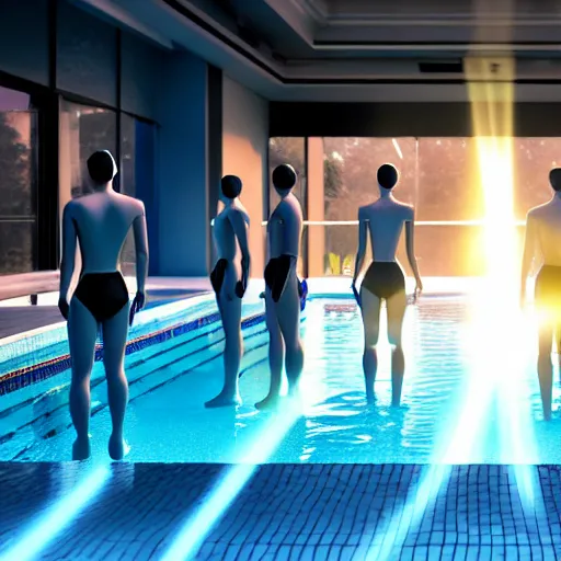 Image similar to a group of androids about to jump in a swimming pool ultra realistic, lens flare, atmosphere, glow, detailed, intricate, full of colour, cinematic lighting, trending on artstation, 4 k, hyperrealistic, focused, extreme details, unreal engine 5, cinematic, masterpiece, ultra realistic, hyper realistic, highly detailed, sharp focus, digital art