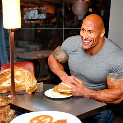 Image similar to Dwayne Johnson eating pancakes