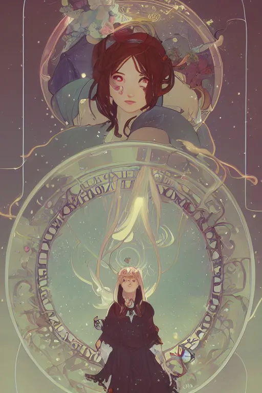 Image similar to a cute wizard girl conjuring a lightening ball, character art portrait, anime key visual, official media, illustrated by alphonse mucha, wlop, extremely detailed, 8 k, trending on artstation, cinematic lighting, beautiful