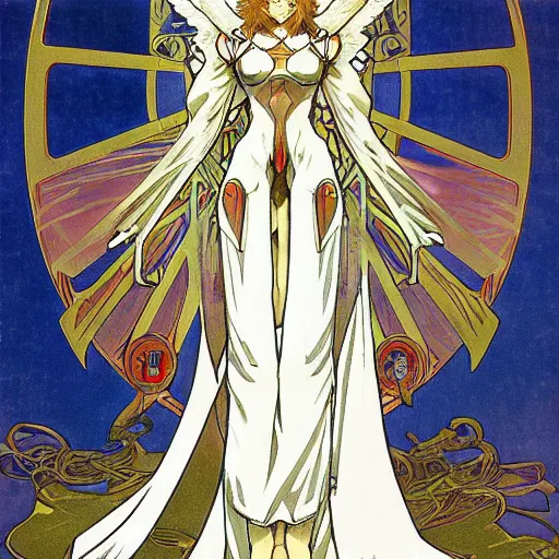 Prompt: anime manga mecha gundam angel angelic portrait by Alphonse Mucha art nuevou