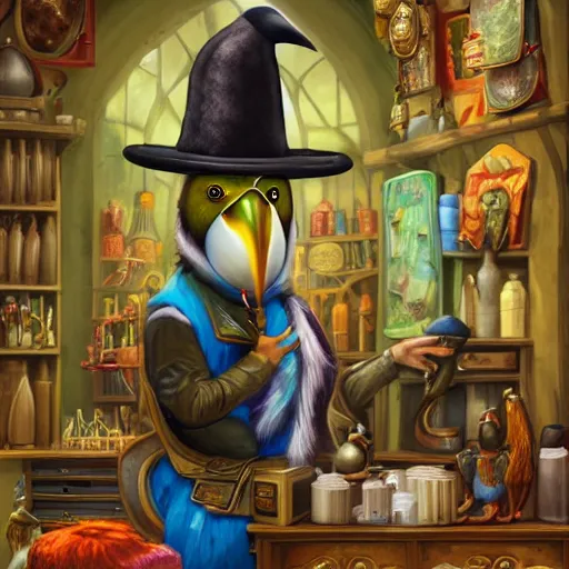 Prompt: Anthropomorphized parrot trader in his shop, portrait, items, weapons, magic potions, trinkets, carpet, lamps, window, fancy hat, sly expression, cunning expression, cute expression, long thick shiny black beak, D&D, fantasy, cinematic lighting, highly detailed, digital painting, artstation, concept art, smooth, sharp focus, illustration, warm light, cozy warm tint, magic the gathering artwork, volumetric lighting, 8k, art by Akihiko Yoshida, Greg Rutkowski