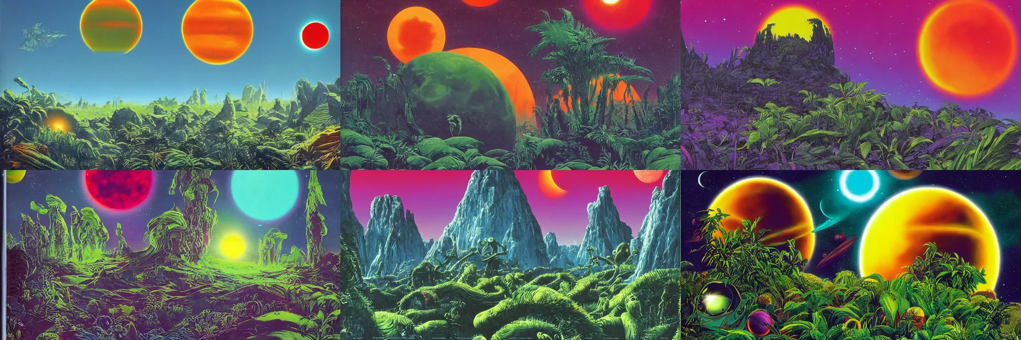 Prompt: alien planet biome, 8 0's sci - fi book cover, lush and colorful eclipse, extraterrestrial plants novel
