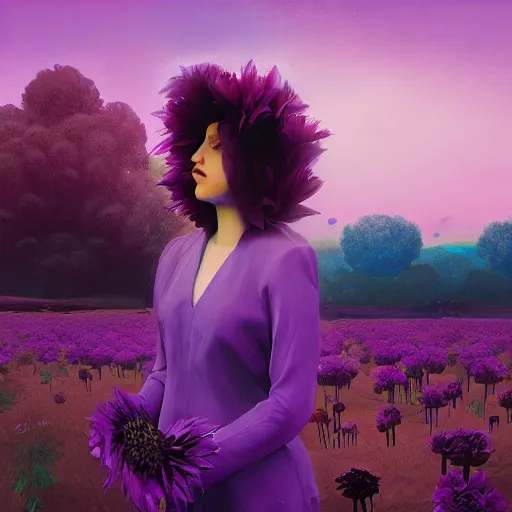 Image similar to portrait, giant purple dahlia flower head, woman in oasis, surreal photography, sunrise, blue sky, dramatic light, impressionist painting, digital painting, artstation, simon stalenhag