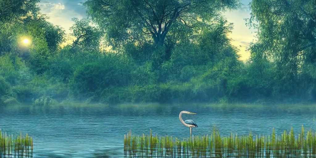 Image similar to a majestic blue heron in shallow river, waterfalls in distance, left border beautiful willow, right border cherry blosom trees, lily pads bullrushes marsh clouds, golden hour intricate luminescent matte painting, highly detailed, artstation