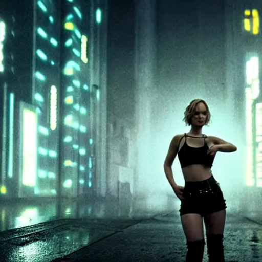 Prompt: jennifer lawrence in a cyberpunk movie in a distopic futuristic city in the style of bladerunner, wearing a cropped black tank top, sexy black shorts and black boots, firing a gun, muzzle flash, movie still, highly detailed, rainy night, volumetric lights, studio lighting, intense, scifi, sharp focus, red color scheme