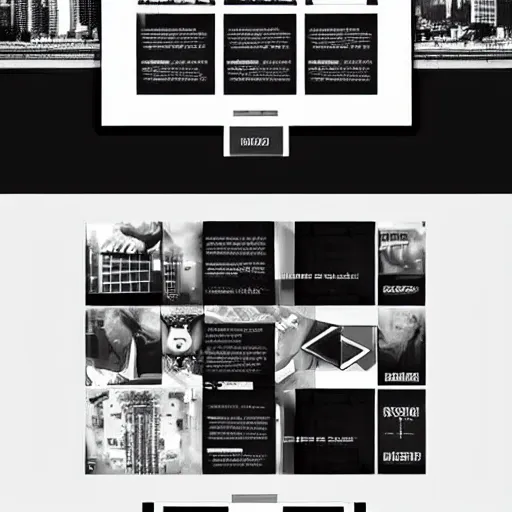 Prompt: square shaped contemporary webpage design for a freelance graphic designer, layout design, black and white colour palette, industrial punk, IP, template layout