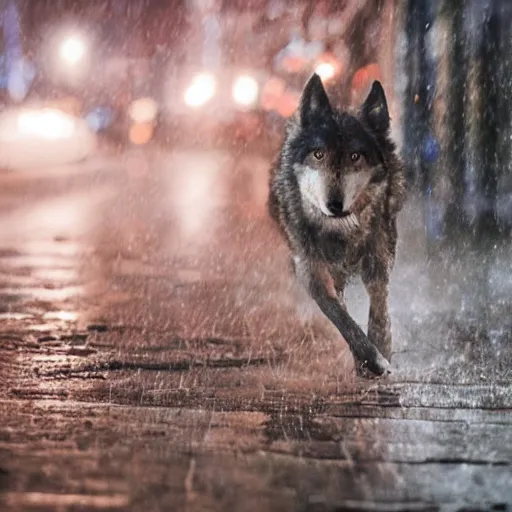 Image similar to an anthropomorphic male wolf running in the streets, night, rain, cinematic, photograph, volumetric lighting, f 8 aperture, cinematic eastman 5 3 8 4 film, photorealistic