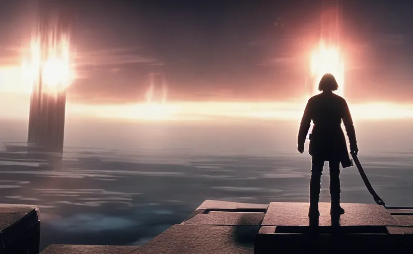 Image similar to iconic wide cinematic screen shot of luke skywalker downtrodden standing with a view of coruscant at sunset, from the thrilling scene from the hbo succession, moody cinematography, foggy volumetric lighting, hyper detailed scene, anamorphic lenses 2 4 mm, lens flare, award winning