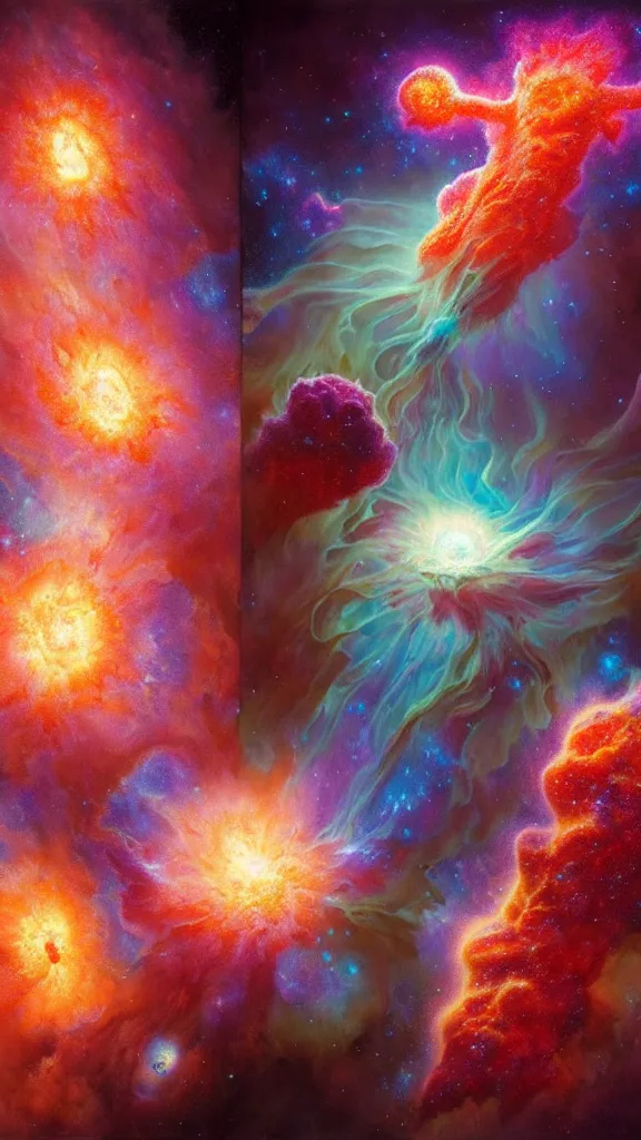 Prompt: psychedelic transcendent puffs! of smoke explosion, space, supernova, nebulae, pillars of creation, enlightenment, high contrast lighting, highly detailed, concept art, art by collier, albert aublet, krenz cushart, artem demura, alphonse mucha