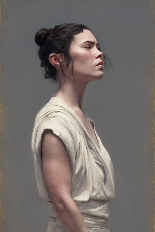 Prompt: rey from star wars, side view, eyes closed, jeremy lipking, joseph todorovitch