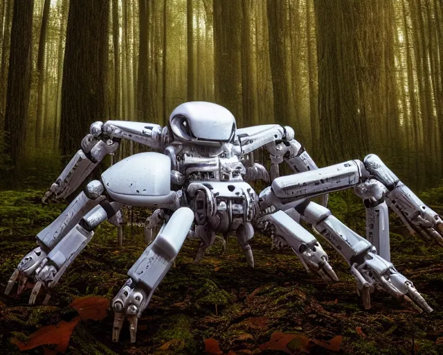 Image similar to photo of a giant huge white terminator spider with heavy duty biomechanical hydraulic cybernetic body with antennas and visor cogs and gears and components in the forest. cyberpunk horror style. highly detailed 8 k. intricate. nikon d 8 5 0 5 5 mm. award winning photography.