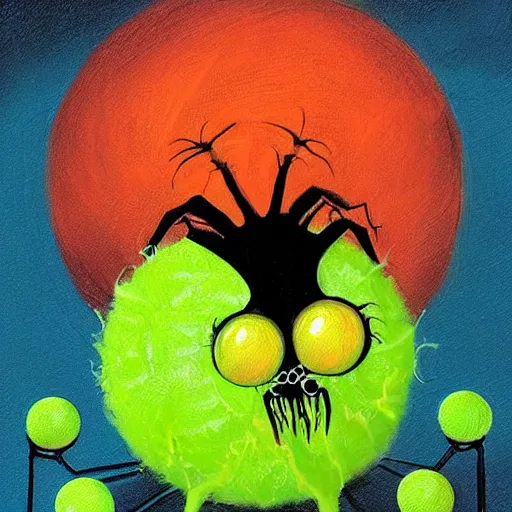 Image similar to a tennis ball monsters ,spider, colorful, digital art, fantasy, magic, trending on artstation, ultra detailed, professional illustration by Basil Gogos